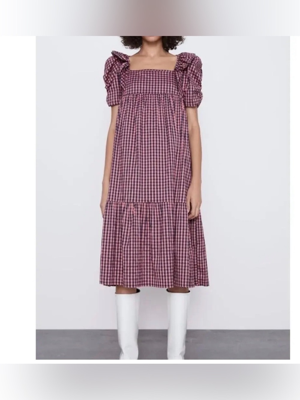 ZARA GINGHAM PINK & NAVY MIDI dress sz small